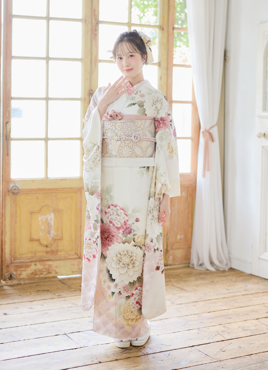 振袖/ピンク/桃/白/ホワイト/かわいい/エレガント