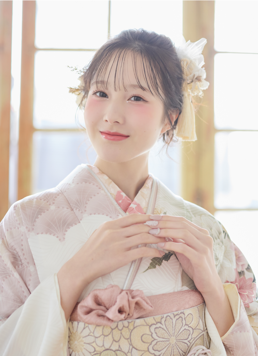 振袖/ピンク/桃/白/ホワイト/かわいい/エレガント