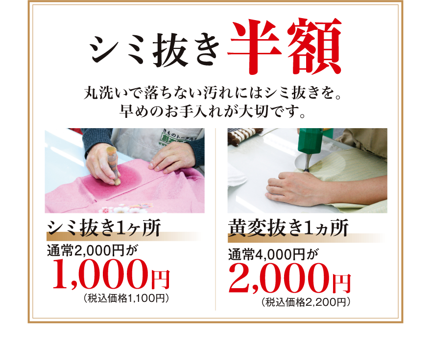 シミ抜き半額｜丸洗いで落ちない汚れにはシミ抜きを。早めのお手入れが大切です。｜シミ抜き1ヶ所通常2000円が1000円（税込価格1100円）